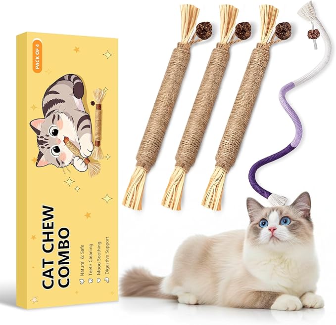Cat Toys for Indoor Cats, 3 Pcs Silvervine Sticks & 1 Pc Cat Chew Rope for Teeth Cleaning, Interactive Dental Sticks with Catnip for cat enrichment, Kitten Chew Toys Teething for All Breeds Purple