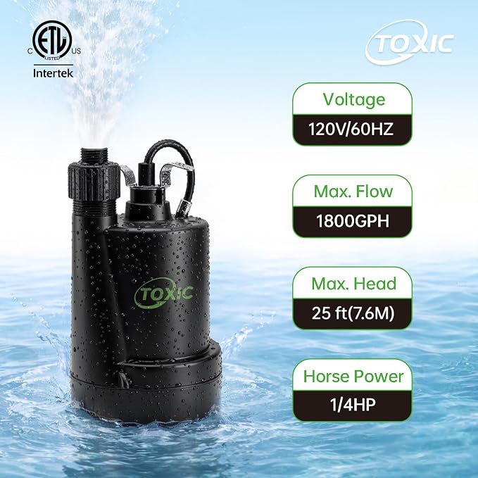 1/4 HP Submersible Sump Pump 1800 GPH Portable Utility Water Pump with 10ft Cord Thermoplastic Construction High Flow Drain Pump for Basement Garden Pool Pond Flood Removal