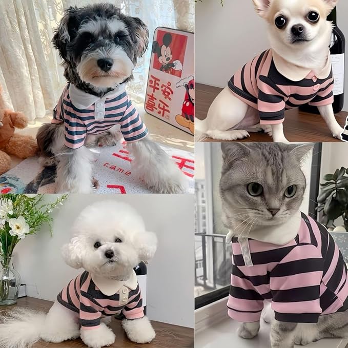 MANON ROSA Dog Clothes, Designer Boy Polo Shirt for Small Medium Dogs, Soft Puppy Outfit, Breathable Male Yorkie Chihuahua Shih Tzu Poodle Kitten Cat T-Shirt, Birthday Gifts - Pink, L, Fit 8.8-12lbs
