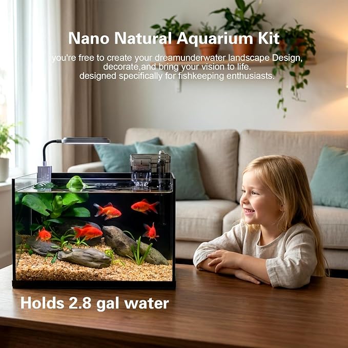 2.8 Gallon Aquarium Starter Kits, Small Fish Tank with Light and Waterfall Filter Pump, Suitable for Small Fish, Shrimp, or Betta Fish Tank