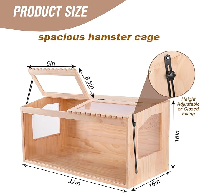 Wooden Hamster Cage,32"x16"Large Hamster Cage,2 Washable Liners & 2 Adjustable Ventilation Window. Small Animal Cage for Dwarf Syrian Hamsters Degus Mice & Other Small Pets.