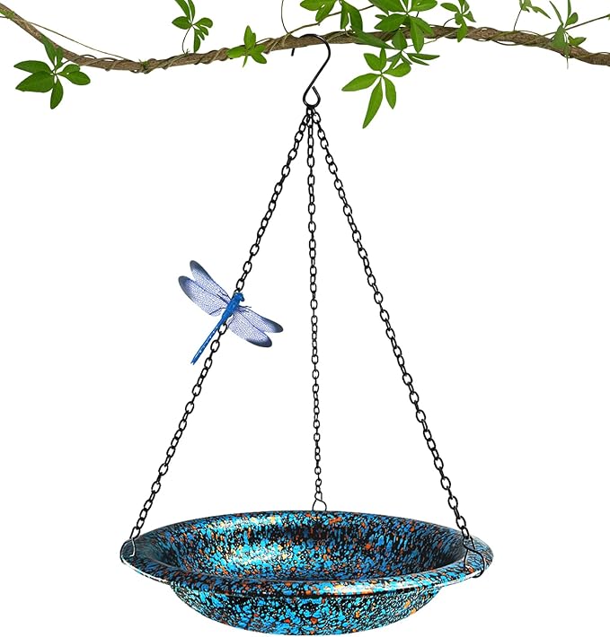 Hanging Bird Bath for Outside 11.4 inch Birdbath Bowl with Rust-Proof Black Chains Hooks Metal Hanging Window Bird Feeder for Outdoor Garden Decor (Blue Mix Copper Color)