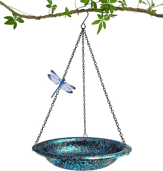 Hanging Bird Bath for Outside 11.4 inch Birdbath Bowl with Rust-Proof Black Chains Hooks Metal Hanging Window Bird Feeder for Outdoor Garden Decor (Blue Mix Copper Color)