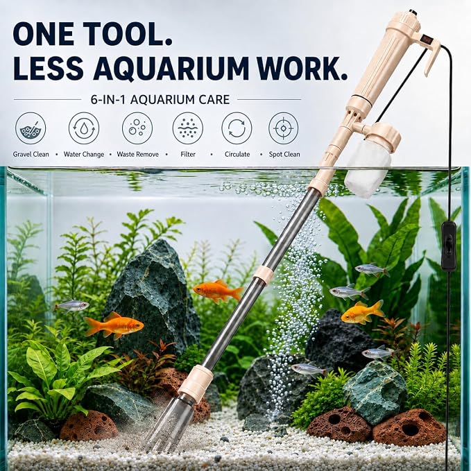 ORIXA 6-in-1 Electric Aquarium Gravel Cleaner & Water Changer, Fish Tank Vacuum with 520 L/H Powered Suction, Dual Power, Filter Bag, Adjustable 40–95 cm Tube & 90° Cleaning Head