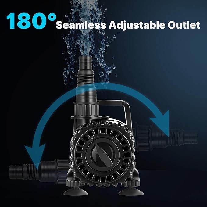 Pond Pump for Fountain & Waterfall, Adjustable Flow 700-1800 GPH | 100W Submersible Water Pump, 13FT Lift, 180° Rotatable Outlet, Filter Bag & 20FT Cord, Ultra-Quiet, UL Listed