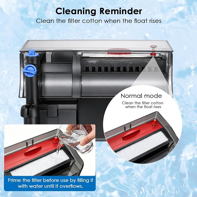 Aquarium Filter 317GPH for 40-70 Gallon Fish Tank, Hang On Back U-V Light Surface Skimmer Sponge, 4-Stage Water Cleaner Freshwater Saltwater Green Killing Deodorization Machine Crystal Suspension
