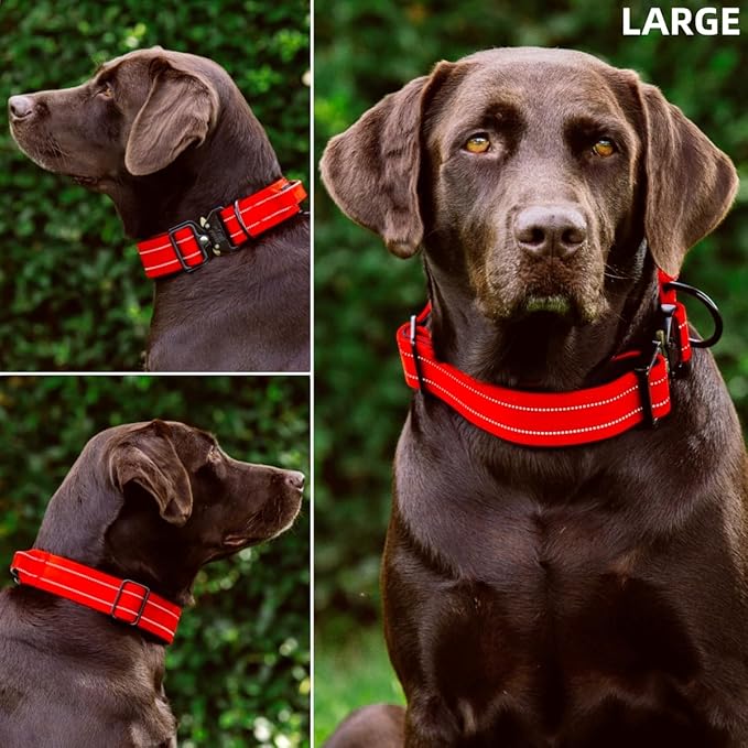 Tuff Pupper Tactical Dog Collar | Heavy Duty 1.5" Wide Ballistic Nylon | Training Control Handle | Quick-Release Metal Buckle | Reflective Bands | ID Tag Holder | Padded Inner Lining (Red, Large)