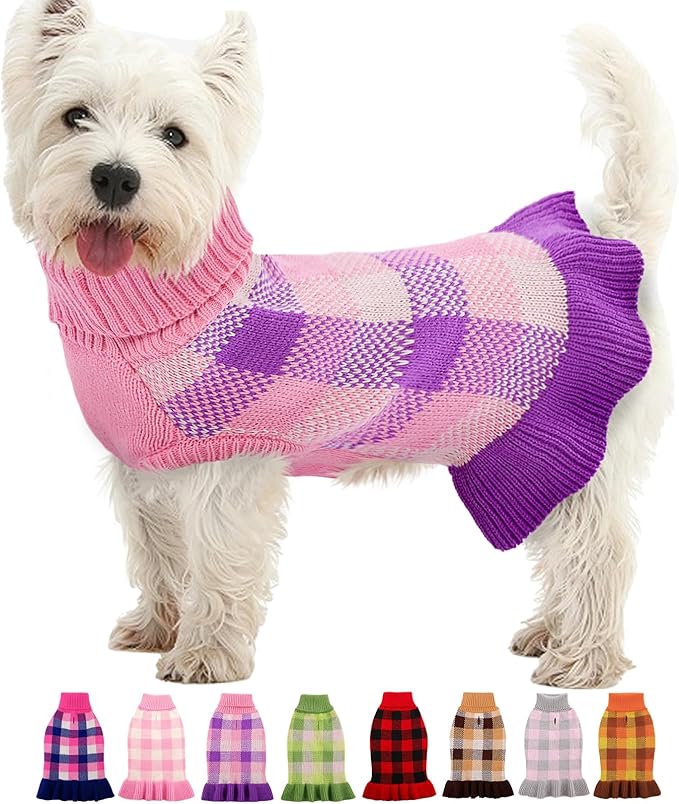Dog Sweater Dress Plaid Knitwear for Small Medium Dogs Warm Puppy Pet Turtleneck Stretch Pullover Cute Fall Winter Vest Clothes with Leash Hole for Christmas (Purple, 2XS)