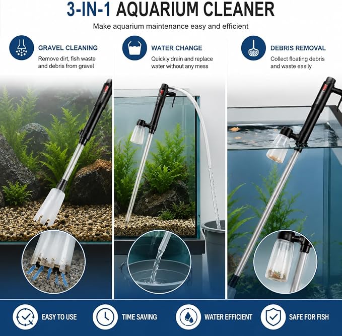 Electric Aquarium Gravel Cleaner, 3-in-1 Fish Tank Vacuum Cleaner with Water Changer Pump, Gravel Vacuum, Sand Washer & Fish Waste Remover