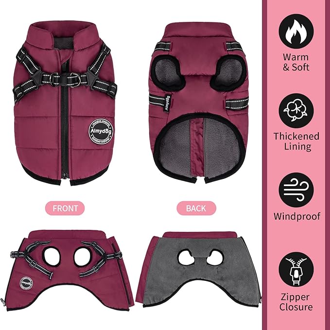 Warm Dog Winter Coat, Fashion Pet Cold Weather Jacket with Built-in Harness, Reflective & Adjustable Comfortable Pet Vest, Windproof Apparel for Small Medium Large Dogs (Purple)