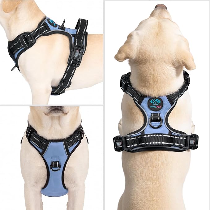 PHOEPET No Pull Dog Harness Reflective Adjustable with 2 Metal Leash Hooks and Soft Training Handle [Over The Head Design](S, Baby Blue)