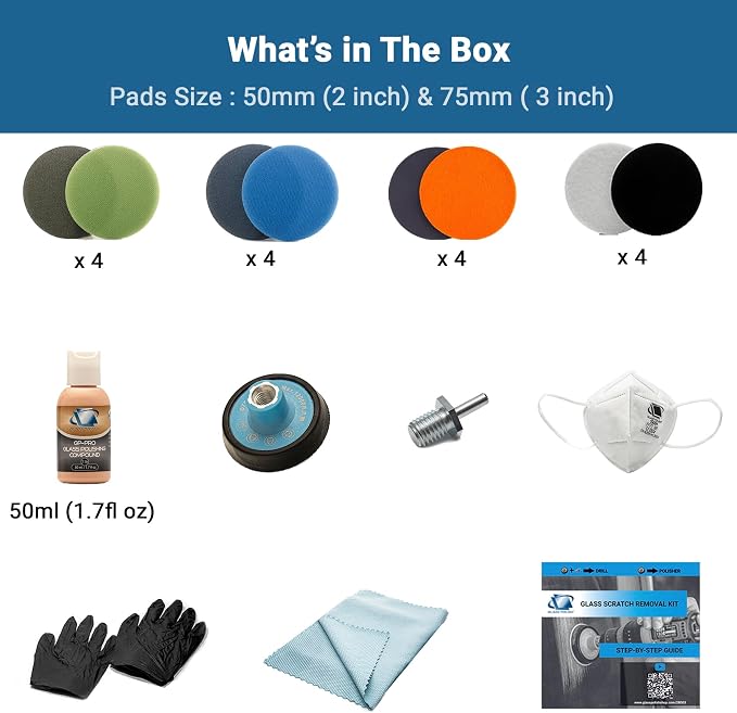 GLASS POLISH DIY Glass Scratch Removal Deluxe Kit 2" & 3" - Effective Glass Polishing with Drill or Polisher, Repairs Deep Scratches, Removes Surface Damage and Restores Original Clarity & Shine