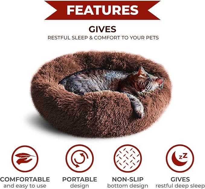 Whiskers & Friends Cat Beds for Indoor Cats, Fluffy Calming Donut Cat Bed, Small Dog Bed Washable - Orthopedic Soft Plush Pet Beds Sized for Kitten to Large Cats & Puppy to Small Dogs, Chocolate Brown