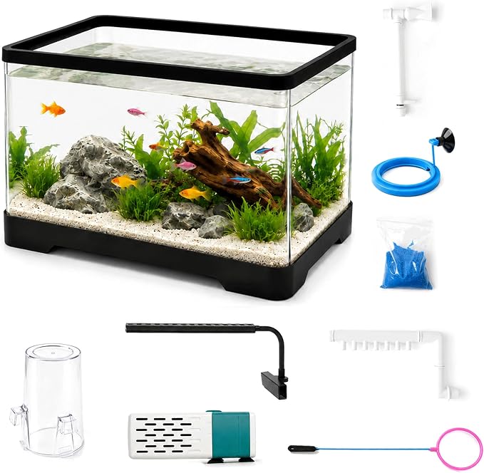 3 Gallon Betta Fish Tank Starter Kit - Negative Pressure Acrylic Aquarium | Desktop Small Aquarium with 3-Color LED Light, Quiet Water Pump Filter, Blue Sand & Net for Guppies, Goldfish & Small Fish