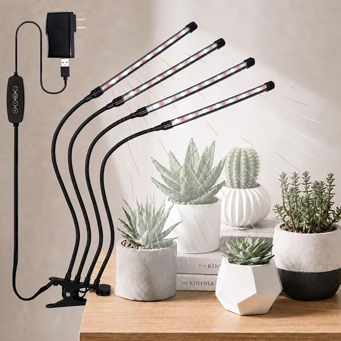 Grow Light for Indoor Plants - Upgraded Version 80 LED Lamps with Full Spectrum & Red Blue Spectrum, 3/9/12H Timer, 10 Dimmable Level, Adjustable Gooseneck,3 Switch Modes (4 Heads Full Spectrum)