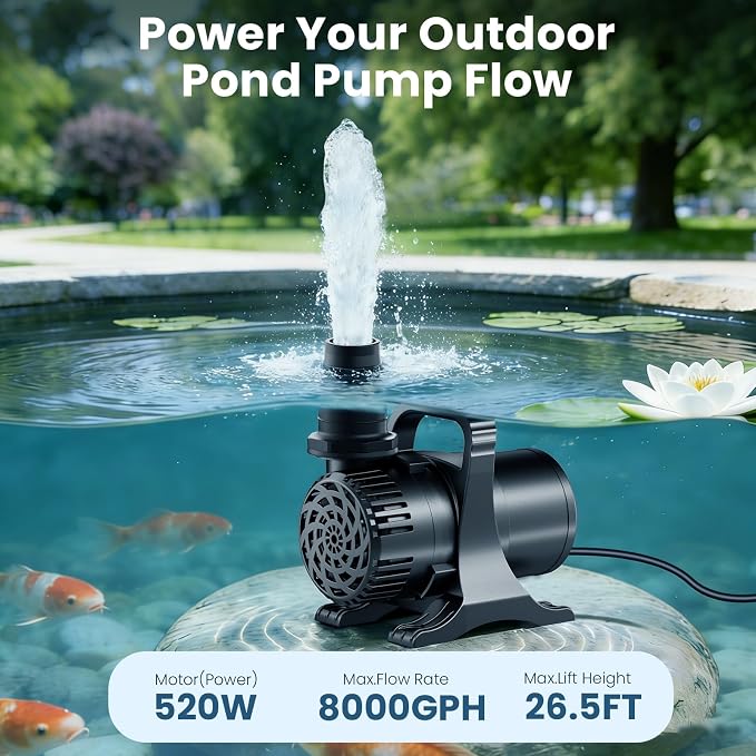 520W 8000 GPH Pond Pump, Commercial Grade High Flow Submersible Water Pump for Large Ponds, Pools & Waterfalls, Continuous Duty, Submersible & Inline Installation, Includes Filter Bag