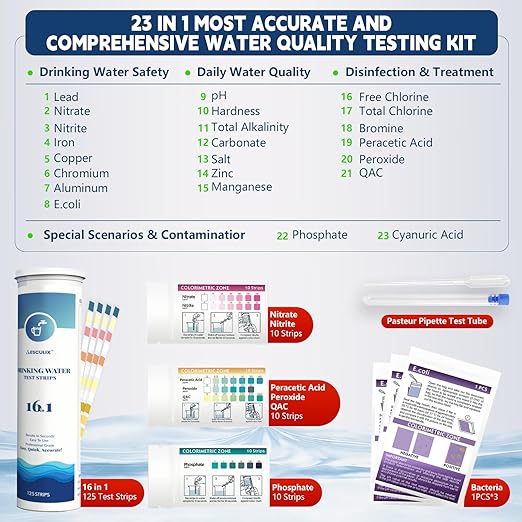 All-New 23 in 1 Drinking Water Testing Kit 158 Strips,Well Water Testing Kit & Water Test Strip for House Water for Hardness，Chlorine,Copper,Iron,Lead,pH and More