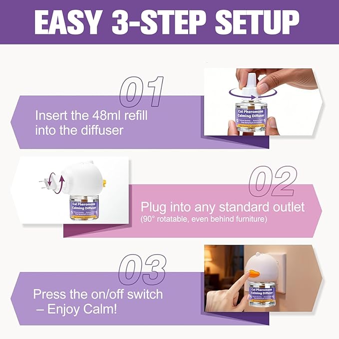 Cat Calming Pheromone Diffuser, 4 Refills 48ml & 2 Diffusers, 120 Days Long-Lasting, Relieve Anxiety, Reduce Fighting, Spraying & Scratching, Safe for Cats Kittens & Humans