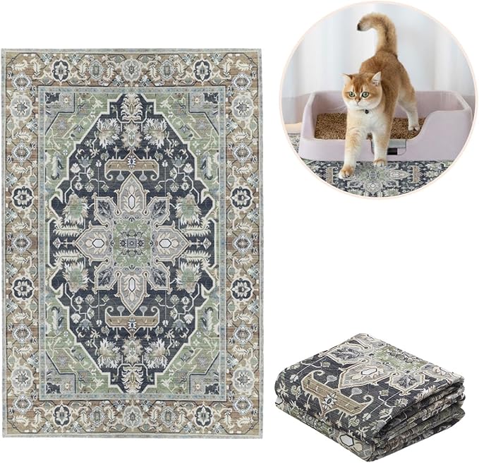 Lovewag Cat Litter Box Mats 2 Pack - Medium 28x41 Inch Machine Washable, Easy Clean, Non-Slip, Waterproof Mats for Indoor Cats - Kitty Litter Mess Control & Pet Urine Floor Protection - (Sage Forest)
