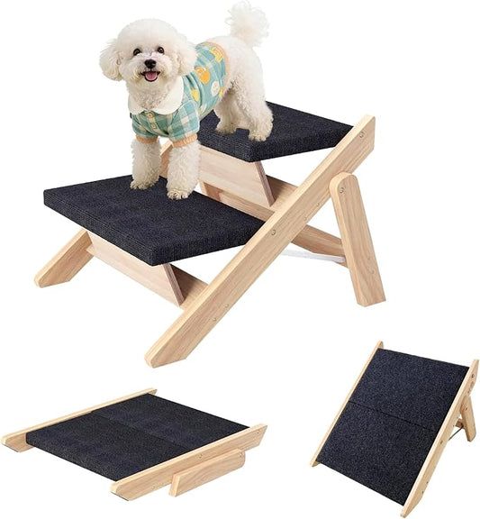 Dog Stairs/Ramp for Bed, Wooden 2-in-1 Foldable Pet Stairs & Ramp, Portable Dog Step Up to 180 Pound for Elderly/Short-Legged Dogs, 2 Steps for Beds, Couch