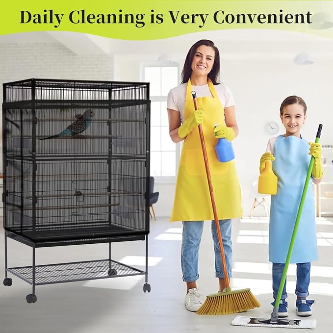 Daoeny 2PCS Bird Cage Seed Catcher, Large Bird Cage Cover, Adjustable Soft Airy Nylon Mesh, Birdcage Cover Skirt Seed Guard for Parrot Parakeet Macaw Round Square Cages (Black & Black)
