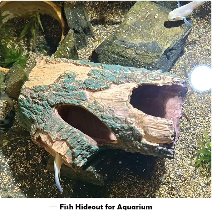 Shrimp & Fish Aquarium Decor, Hollow Tree Trunk for Fish Tank Decor, Artificial Wood Aquarium Caves and Hideouts, Betta Fish Tank Accessories