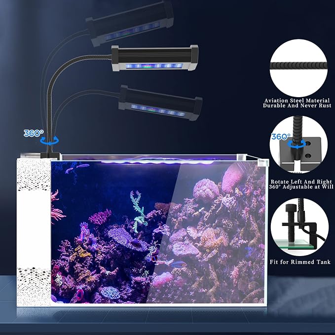 Lominie Small LED Aquarium Light Full Spectrum, 2-Channel Dimmable Fish Tank Light with Adjustable Gooseneck for Saltwater, Coral Nano Tank (Saltwater)
