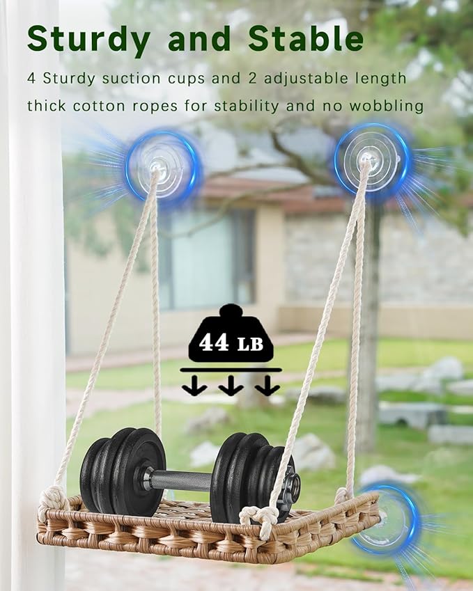 SETVSON Cat Window Perch 2 Pack,Cat Window Hammock Bed for Indoor Cats,Large Handwoven PE Rattan Window Seat,4 Suction Cups,Double Sided Washable Cushion Bed,2.3 Inch Fence Shelf, Pet Kittens Natural