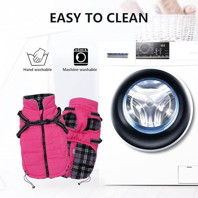 Geyecete Waterproof Dog Jacket with Harness Traction Belt, Pink, Medium-Small, Autumn & Winter