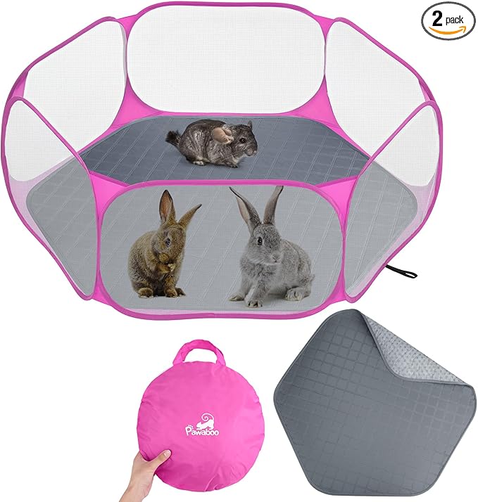 Pawaboo Small Animals Playpen with Pad, Waterproof Small Pet Cage Tent with Reusable Pad, Portable Outdoor Yard Fence for Chick/Kitten/Puppy/Guinea Pig/Rabbits/Chinchillas, Pink + Gray