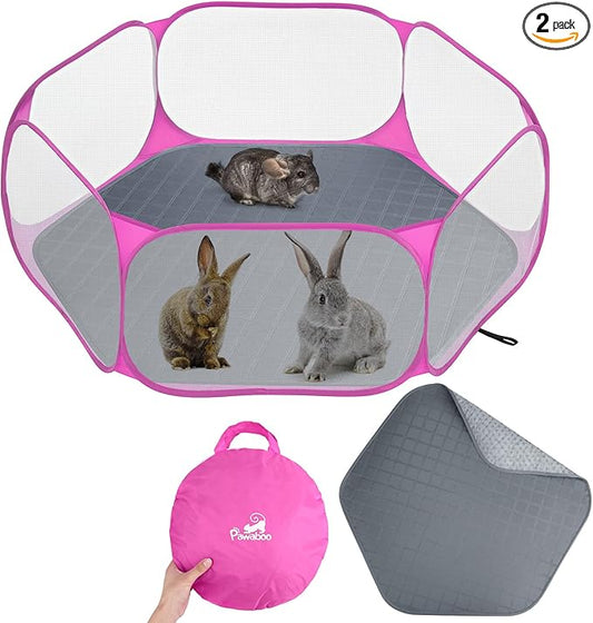 Pawaboo Small Animals Playpen with Pad, Waterproof Small Pet Cage Tent with Reusable Pad, Portable Outdoor Yard Fence for Chick/Kitten/Puppy/Guinea Pig/Rabbits/Chinchillas, Pink + Gray