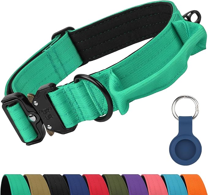 Joytale Tactical Dog Collar for Large Dogs with Control Handle, Heavy Duty Military Training Collar for Power Breeds, AirTag Holder Case, Quick Release Metal Buckle, Soft Padded, L, Teal