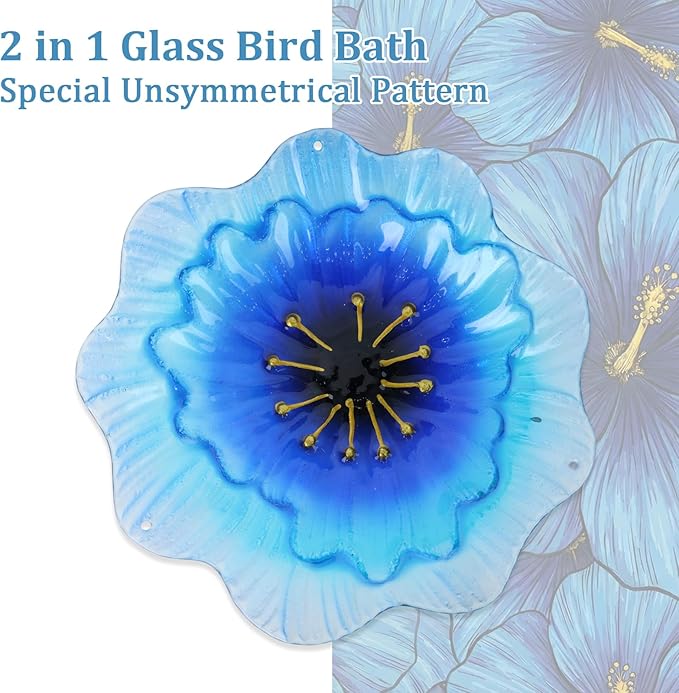 hogardeck 2 in 1 Floral Glass Bird Bath & Feeder - Hanging or Freestanding Outdoor Bird Bath with Sturdy 5-Pronged Base for Garden, Patio, Yard, Lawn Decor