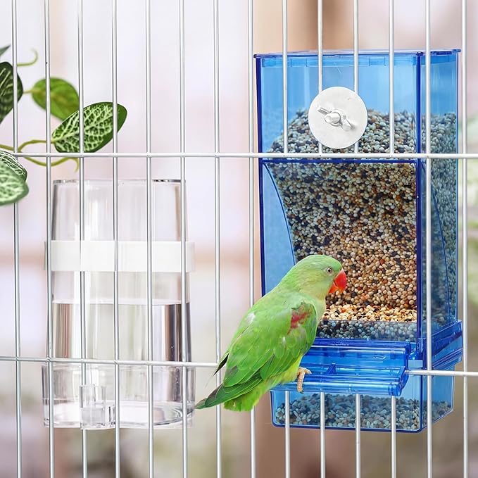 Yaomiao 6 Pcs No Mess Bird Feeders Automatic Clear Parrot Water Dispenser Acrylic Quail Feeder and Watered Cage Accessories Indoor for Small and Medium Parrot Cockatiel Canary (Blue Feeder)