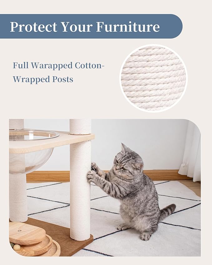 Modern Cat Tree for Large Cats, Modern Cat Tree Tower with Wide Shelves Cotton Scratching Posts, Super Sturdy Base, Cozy Perches, and Interactive Toys for Indoor Kittens 31-Inch