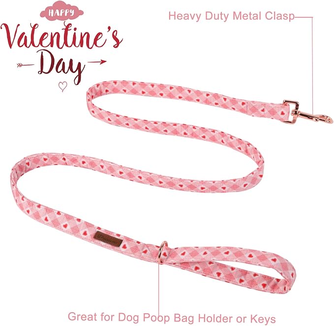 Valentine Dog Collar & Leash Set, Sturdy Durable Cotton, Plaid Heart Wedding Pattern for Small to Large Dogs