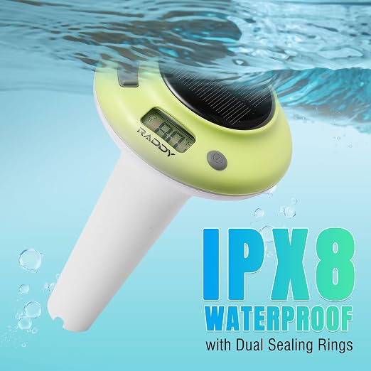 Raddy PT-5 Solar Floating Pool Thermometer, Waterproof Display | Solar & battery powered, easy read digital screen, for swimming pools, hot tubs, spas