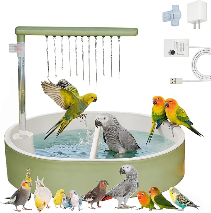 Bird Shower Parakeet Bath for Cage with Adjustable Water Flow Control Valve, Parrot Shower Bath for Budgies with Plug, Automatic Circulating Water Fountain for Pet Bird, Cockatiel, Conure(green pipe)