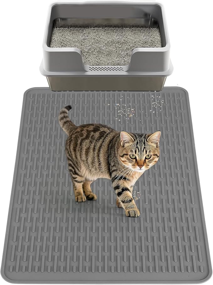 MEWTOGO Easy Clean Silicone Cat Mat for Litter Box - 33.7" x 22" Waterproof Non-Slip Kitty Litter Trapping Mat for Protecting Floor, Less-Mess Food Water Mat for Indoor, Gray
