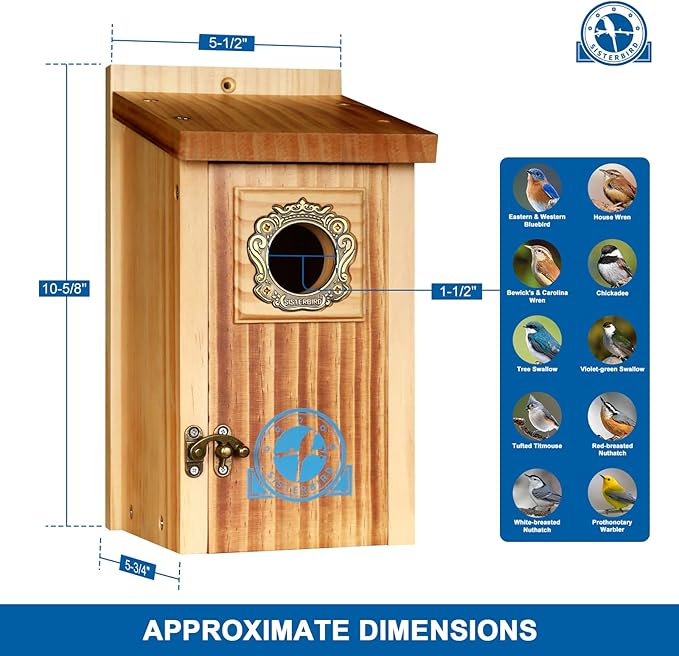 SISTERBIRD Preminum Bluebird Houses for Outside, Wooden Bluebird House, Birdhouses for Outdoors Courtyard, Festival Bird Nesting, Assembly Bird Box, Bluebird Finch Swallow Wren Chickadee