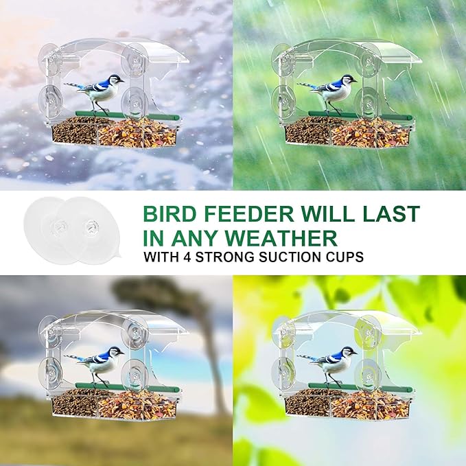 Clear Acrylic Window Bird Feeder for Outside with 4 Strong Suction Cups and Detachable Seed Tray, Highly Transparent Outdoor Viewing Birdfeeder, Wild Bird House Box