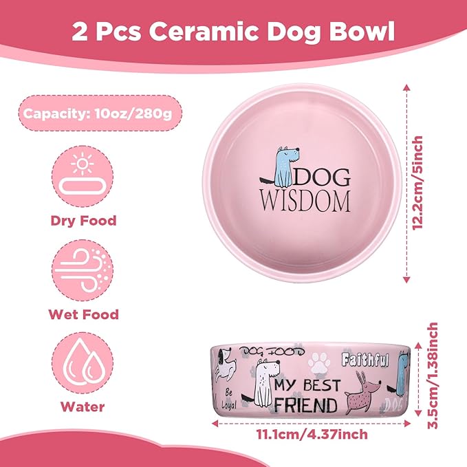 2 Pcs 5 Inch Ceramic Dog Bowls Dishes for Small Dogs Cute Cartoon Pattern Puppy Cat Bowls Heavy Food Water Dishes for Pets Feeding Travel, Dishwasher Safe Microwave Safe(Pink and Gray)