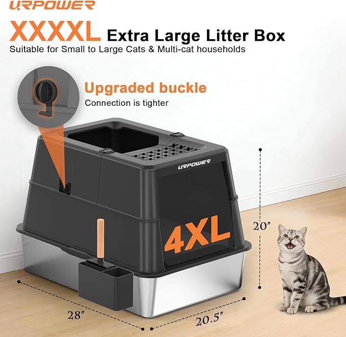 URPOWER Stainless Steel Cat Litter Box with Lid Extra Large Enclosed Litter Box Non-Sticky Metal Pan with High Sided & Scoop, Odor Free, Front & Top Entry, Anti-Leakage, Easy Cleaning