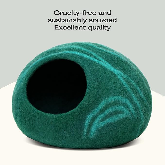 MEOWFIA Cat Cave – Premium Felt Cat Bed for Indoor Cats, Handmade Merino Wool (Emerald, Large)