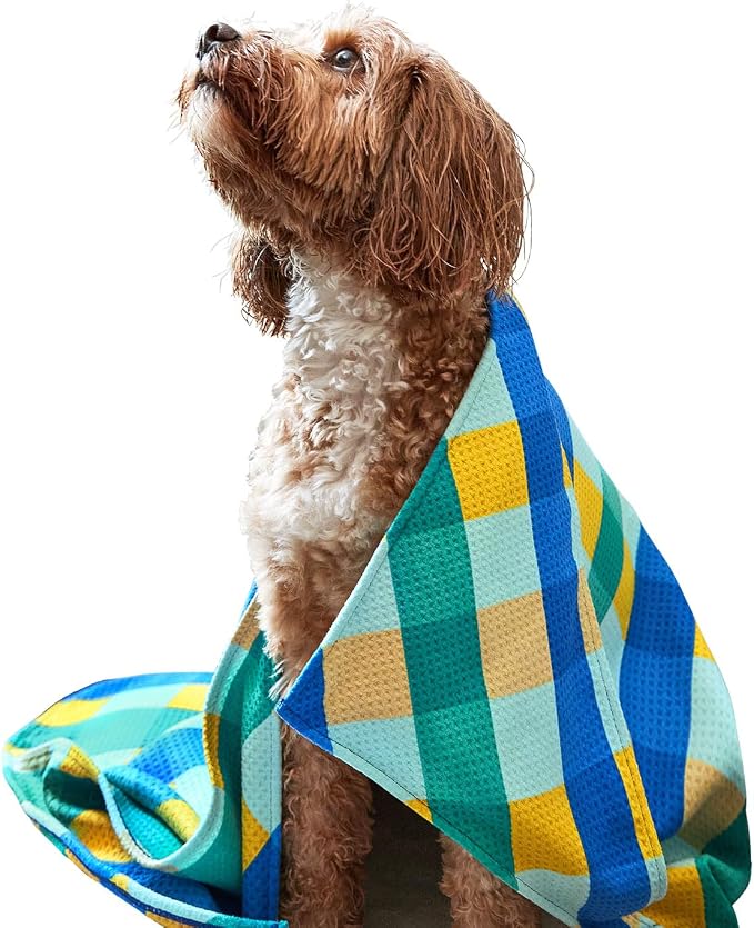 Dock & Bay Pet Towel - Super Absorbent & Quick Drying Dog Towels with Bag - 100% Recycled - Puppy Plaid, Medium (90x50cm, 35x19)