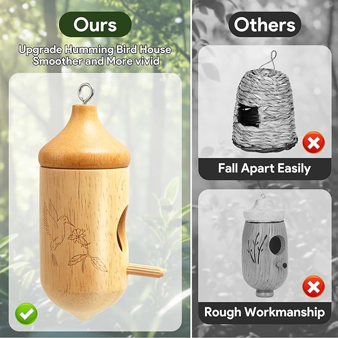 Hummingbird House, Small Hummingbird Houses for Outside, Wooden Bird House with Bow, String, Cute Gardening Gifts Home Decoration
