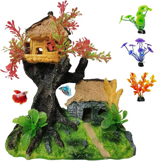 Hamiledyi 4PCS Aquarium Decoration, Fish Tank Artificial Resin Castle Ornaments, Betta Tank Landscape Decorations with Plastic Plants for Shrimp Fish Climbing Hiding