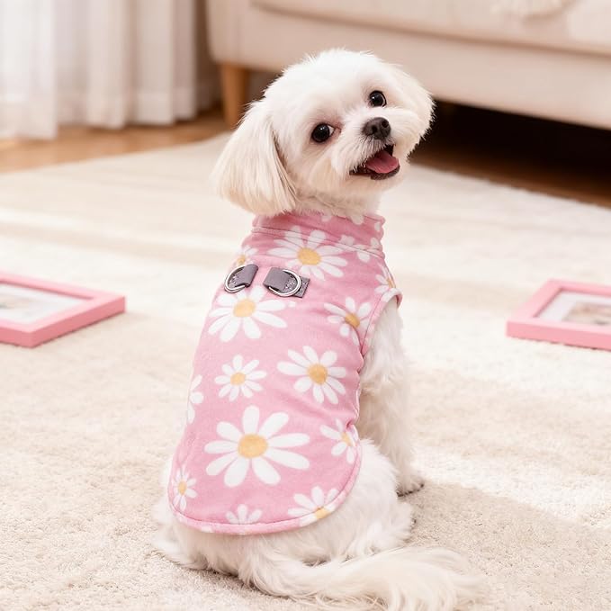 BEAUTYZOO Dog Fleece Vest Sweater Winter Jacket for Small and Medium Dogs with D-Ring Leash Cold Weather Coat Hoodie for XS S M Dogs Boy or Girls,Pink Daisy XS