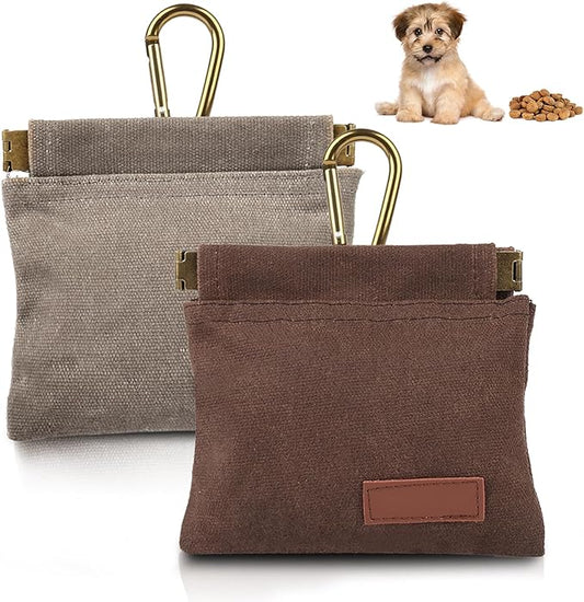 2Pcs Dog Treat Pouches for Pet Training, Hand Free Puppy Dogs Treat Bag with Carabiner, Portable Auto Closing Pet Dog Walking Bag for Travel or Outdoor Use, Pets Feed Snack Reward Pocket- Brown, Grey