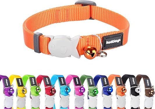 Red Dingo Classic Safety Release Breakaway Premium Cat Collar – Adjustable One Size Fits All with Soft Nylon Webbing, 4.4lb Safety Release Fish Clip, Stainless Steel D-Ring, Wildlife Bell – Orange
